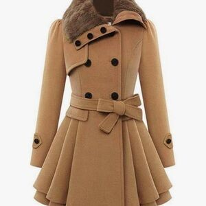 Zeagoo Tan Trench Coat with Faux Fur Collar